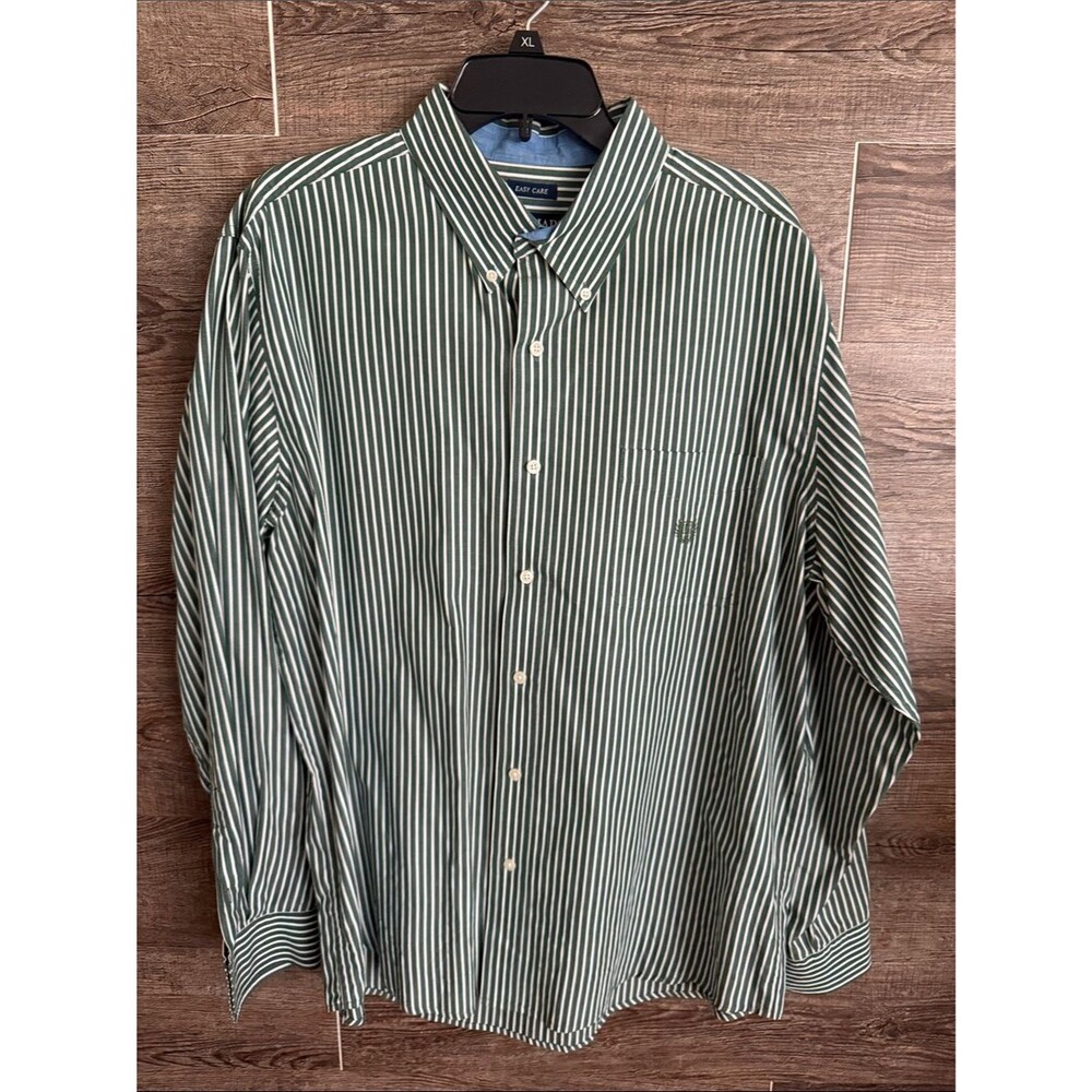 Chaps Green and White Vertical Stripe Button-Down Shirt